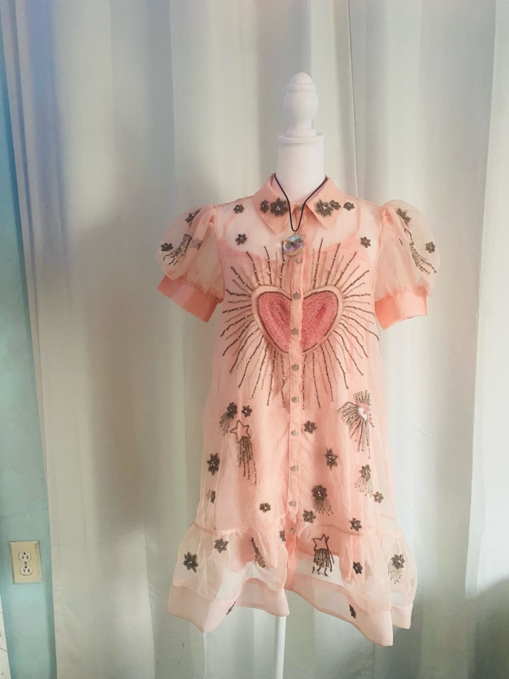 Anthropologie Pink Embroidered Heart & Star Short Dress